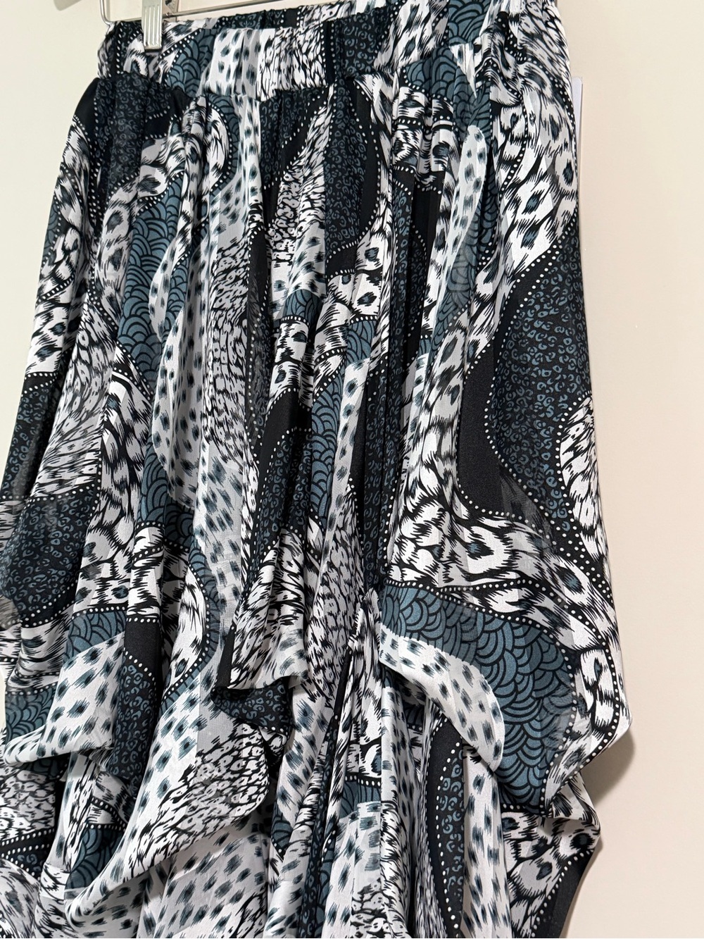 Boho Flowy Teal Black & White Abstract Handkerchief Maxi Skirt - Picture 4 of 15